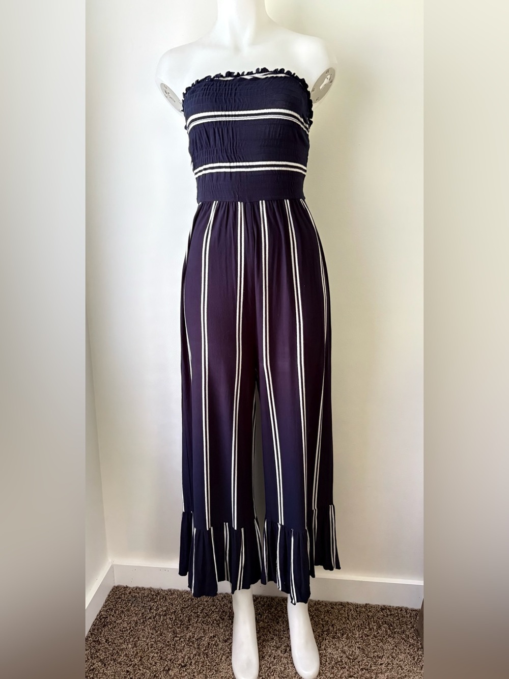 Strapless Wide-Leg Jumpsuit in Navy and White, stretchy, beach cruise, strapless